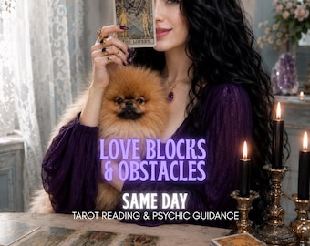 Puede incluir: Una mujer con un vestido morado sostiene una carta del tarot, con un perro pequeño, esponjoso y marrón frente a ella. La imagen incluye el texto "LOVE BLOCKS & OBSTACLES" y "SAME DAY" con "TAROT READING & PSYCHIC GUIDANCE" debajo.