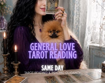 Puede incluir: Una mujer con un vestido morado sostiene una carta del tarot, con un perro marrón y esponjoso en sus brazos. La imagen tiene el texto "GENERAL LOVE TAROT READING" y "SAME DAY". Velas y cartas del tarot están sobre la mesa.