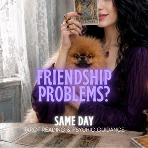 May include: A fluffy brown Pomeranian dog held by a person wearing a purple lace top, with a tarot card labeled The Lovers, black candles, and the text FRIENDSHIP PROBLEMS? SAME DAY TAROT READING & PSYCHIC GUIDANCE overlaid on the image.