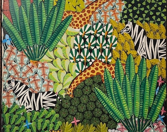 Original Haitian Jungle Painting Signed Daniel Souvenir Zebra Giraffe Elephant Folk Art 24x36