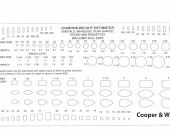 Diamond Gemstone Weight Estimator Gauge Card: Round, Emerald, Pear, Marquise, Baguette Stone Size Guide