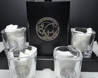 Buffalo Nickel Flask Gift Set Engraved Flask 4 Shot Glasses Gift Box Included Coin Collector Whiskey Bourbon Barware Gift