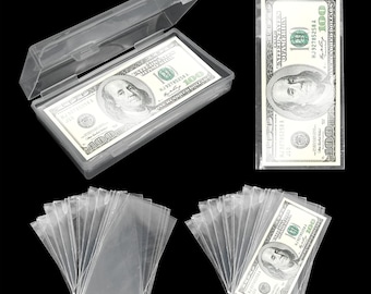 100 Currency Sleeves + Storage Case Clear Money Holders PVC-Free Dollar Bill Protectors Paper Money Sleeves for Collectors