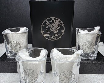1916 Mercury Dime Flask Gift Set Engraved Flask 4 Shot Glasses Gift Box Included Coin Collector Whiskey Bourbon Gift