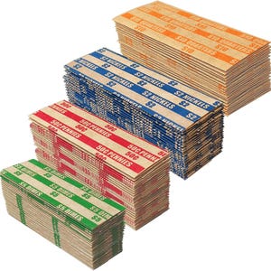 May include: Stacks of coin wrappers in various colors, including orange for quarters, blue for nickels, red for pennies, and green for dimes. Each wrapper is labeled with its respective coin denomination.