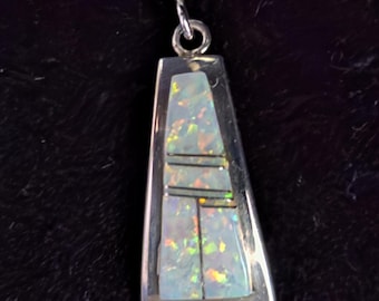 Benjamin Piaso Jr Navajo Sterling Silver Opal Inlay Pendant Necklace Native American Jewelry Signed Southwest Pendant