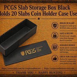 May include: Black PCGS slab storage box with a lid, designed to hold 20 coin slabs. The lid features the PCGS logo in gold. The box is made of durable plastic and is ideal for collectors to organize and store graded coin slabs.