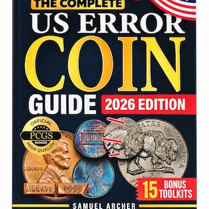 May include: A book titled The Complete US Error Coin Guide 2026 Edition by Samuel Archer. The dark blue cover features a US flag graphic, a gold PCGS seal, and various coin images including a Lincoln cent and a buffalo nickel with red arrows.