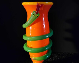 One of a Kind Art Glass Snake Vase Signed Rina 1994 Colorful Studio Glass Vase Orange Green Yellow