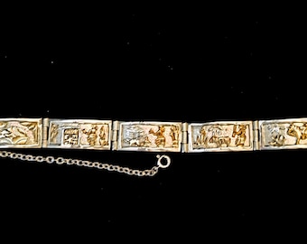 Vintage Navajo Story Bracelet Sterling Silver Link Bracelet 39.4 Grams Native American Southwest Jewelry Collectible