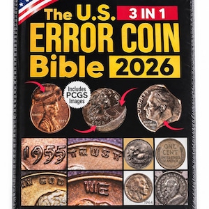 May include: The U.S. Error Coin Bible 2026 by Arthur K. Lindon is a book with a black cover featuring a U.S. flag graphic, yellow text, and various close-up photographs of error coins with red arrows pointing to specific minting mistakes.