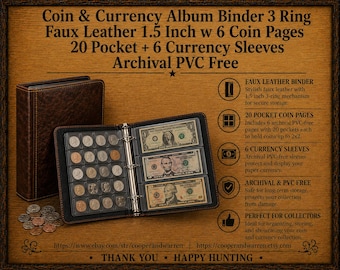 Coin & Currency Album Binder 3 Ring Faux Leather 1.5 Inch w 6 Coin Pages 20 Pocket + 6 Currency Sleeves Archival PVC Free