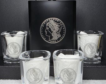 Morgan Dollar Flask Gift Set Engraved Flask & 4 Shot Glasses Gift Box Included Coin Collector Whiskey Gift Barware Set