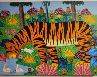 Large Original Tiger Painting Signed J Charlemagne Haitian Folk Art Jungle Animal Wall Art 40x30