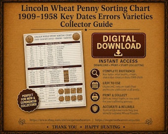 Lincoln Wheat Penny Sorting Chart 1909-1958 Belangrijke data Fouten Rassen Verzamelgids Digitale download