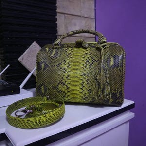 Könnte beinhalten: Eine handtasche mit limettengrüner und schwarzer Schlangenmusterung und einem passenden Schulterriemen. Die Handtasche hat einen oberen Griff, eine Quaste und eine rechteckige Form. Der Riemen ist neben der Tasche aufgerollt. Die Tasche steht auf einer weißen Oberfläche.