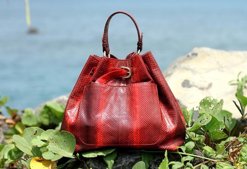 May include: A red snakeskin-effect handbag with a top handle and drawstring closure. The bag has a front pocket and a gold-coloured buckle. The bag is on a rock with green foliage, in front of a blue sea.