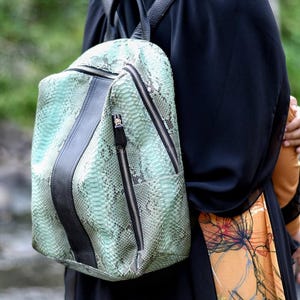 Mint Green Python Leather Backpack, Matte Snake Leather Bag, Calf Leather Backpack, Unique Handmade Travel Bag