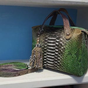Op de afbeelding: Een groene en grijze handtas van slangenleer met een bijpassende schouderriem en een decoratieve kwast. De tas heeft een gestructureerde vorm met een handvat aan de bovenkant en een ritssluiting. De tas wordt op een witte plank getoond.