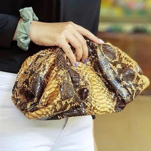Brown Glossy Python Clutch, Exotic Snakeskin Evening Bag, Genuine Python Leather Purse, Premium Suede Interior