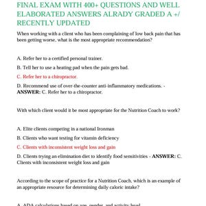 May include: A white document titled "NASM CNC FINAL EXAM STUDY GUIDE" with multiple-choice questions and answers. The text includes questions about nutrition coaching and client recommendations. The document is recently updated.