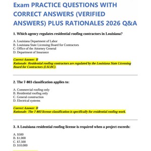 Può includere: Un documento intitolato "Louisiana (LA) 7-803 Domande pratiche per l'esame di copertura residenziale con risposte corrette (risposte verificate) più motivazioni 2026 Q&A". Contiene domande e risposte sulle normative edilizie in Louisiana.