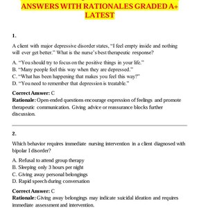 May include: A document with exam questions and answers for the HESI RN Mental Health Exam 2026. The text includes questions, multiple-choice answers, and rationales. The title is in yellow and green, with the word "LATEST" at the bottom.