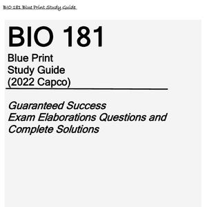 Könnte beinhalten: Ein weißes Studienführer-Dokument mit dem Titel BIO 181 Blue Print Study Guide (2022 Capco) in schwarzer Schrift. Das Dokument enthält die Phrasen Guaranteed Success und Exam Elaborations Questions and Complete Solutions in serifenloser Schrift.