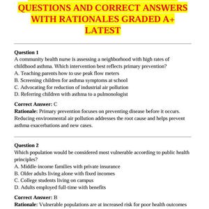 May include: A study guide for the 2026 Community HESI Exam Prep, focusing on Public Health Nursing. The document includes exam questions, correct answers, and rationales, graded A+. The text is in yellow and black.
