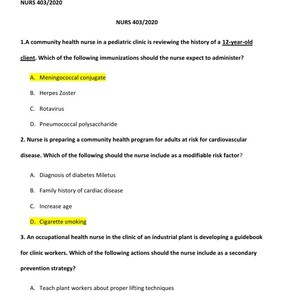 Puede incluir: Un documento impreso titulado 403 REVIEW FINAL EXAM NURS 403/2020 que contiene tres preguntas de enfermería de opción múltiple. La pregunta 1 trata sobre vacunas para un niño de 12 años, con Meningococcal conjugate resaltado en amarillo.