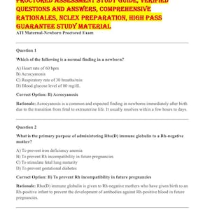May include: A document with the title "ATI MATERNAL-NEWBORN PROCTORED EXAM 2026" in yellow and red text. The document contains questions and answers related to maternal and newborn care, including topics like newborn findings and Rh incompatibility.