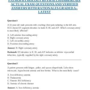 Peut inclure: Un document blanc avec le titre "NR507 MIDTERM EXAM ADVANCED PATHOPHYSIOLOGY REVIEW CHAMBERLAIN" et le texte "ACTUAL EXAM QUESTIONS AND VERIFIED ANSWERS WITH RATIONALES GRADED A+ LATEST". Le document contient des questions d'examen médical et des réponses.