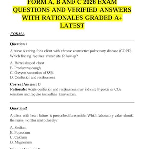 Puede incluir: Un documento blanco con texto negro, que presenta preguntas y respuestas del examen para el Examen de Salida Integral ATI PN. El título incluye "Formulario A, B y C 2026 Preguntas del Examen y Respuestas Verificadas". El documento está calificado con A+.