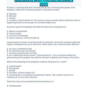 Może przedstawiać: Biały dokument zatytułowany "SHRM-CP Practice Exam Questions With Correct Answers 2025". Zawiera pytania wielokrotnego wyboru i odpowiedzi dotyczące zasobów ludzkich i szkoleń w miejscu pracy.