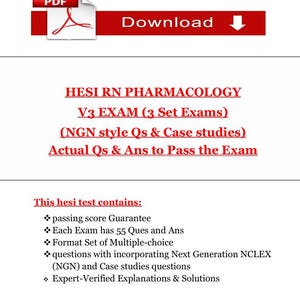 Puede incluir: Un documento PDF con el título "HESI RN PHARMACOLOGY V3 EXAM (3 Set Exams)" y el texto "Actual Qs & Ans to Pass the Exam". El documento incluye información sobre el examen, como el número de preguntas y respuestas, y una garantía.