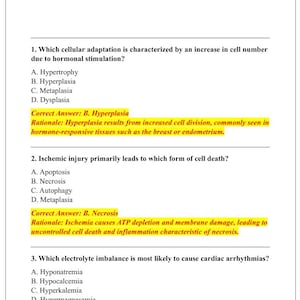 Può includere: Un documento stampato con domande e risposte di un esame intermedio di fisiopatologia. Il testo include domande sull'adattamento cellulare, il danno ischemico e gli squilibri elettrolitici. Il documento è intitolato "NR 507 Advanced Pathophysiology Midterm Exam".