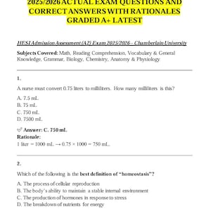May include: A document titled "HESI Admission Assessment (A2) Exam 2025/2026" with exam questions and answers. The subjects covered include math, reading comprehension, and biology. The document includes a conversion problem and a definition question.