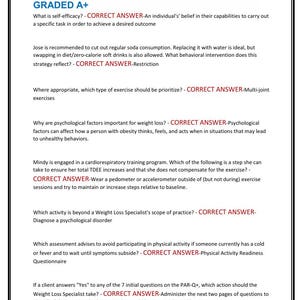 May include: A white document with black text titled "NASM Weight Loss Specialist Actual Exam 200 Questions and Correct Answers 2025-2026 Latest Already Graded A+". The document contains questions and answers related to weight loss.
