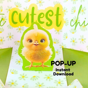 Puede incluir: Una tarjeta emergente con una ilustración de pollito amarillo sobre un fondo verde, sobre un fondo de patrones de margaritas blancas y verdes. Las palabras "cutest chi" están en verde, con "cutest" en una burbuja amarilla. También se ven las palabras "POP-UP Instant Download".