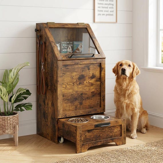 Rustic Pet Feeding Station Cabinet | Elevated Dog Bowls, Hidden Storage, Industrial Wood