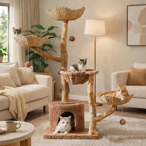 Peut inclure: Un arbre à chat à plusieurs niveaux avec des paniers en osier et une cachette confortable. L'arbre comprend plusieurs plateformes pour grimper et se prélasser, avec plusieurs chats appréciant la structure. La palette de couleurs comprend des tons de bois naturels et des couleurs neutres.