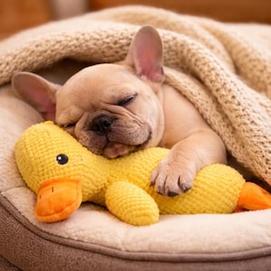 Puede incluir: Un cachorro de bulldog francés de color leonado durmiendo acurrucado con un juguete de pato amarillo en una cama para perros beige. El cachorro está cubierto con una manta de punto beige. El pato tiene pico y patas naranjas.