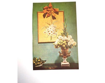 Vintage Flowers Color Print Urn Velvet Bow Framed Floral Picture Plate