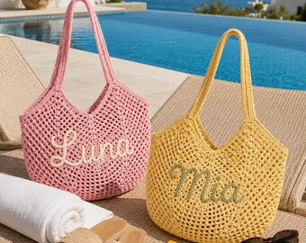 Monogram Beach Tote Bag, Personalized Coastal Travel Bag, Large Vacation Tote for Women, Summer Poolside Shoulder Bag, Bridesmaid Gift