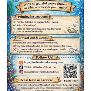 Pode incluir: Um imprim&iacute;vel colorido com tema subaqu&aacute;tico, com o texto "Thank you!" e instru&ccedil;&otilde;es de uso. Inclui um c&oacute;digo QR e links para as redes sociais da Truth and Wonder Co. para atividades b&iacute;blicas.