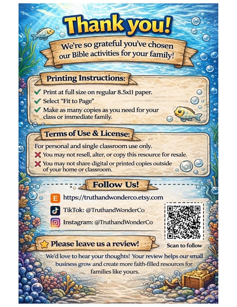 Pode incluir: Um imprim&iacute;vel colorido com tema subaqu&aacute;tico, com o texto "Thank you!" e instru&ccedil;&otilde;es de uso. Inclui um c&oacute;digo QR e links para as redes sociais da Truth and Wonder Co. para atividades b&iacute;blicas.