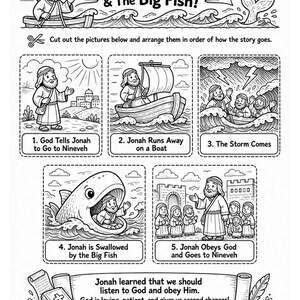 Pode incluir: Ilustra&ccedil;&atilde;o a preto e branco de uma hist&oacute;ria infantil sobre Jonas e o Grande Peixe. A hist&oacute;ria &eacute; dividida em cinco pain&eacute;is com texto: "Deus diz a Jonas para ir a N&iacute;nive", "Jonas foge num barco", "A tempestade chega", "Jonas &eacute; engolido pelo Grande Peixe" e "Jonas obedece a Deus e vai a N&iacute;nive".