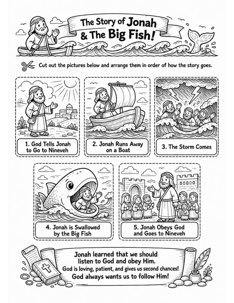 Pode incluir: Ilustra&ccedil;&atilde;o a preto e branco de uma hist&oacute;ria infantil sobre Jonas e o Grande Peixe. A hist&oacute;ria &eacute; dividida em cinco pain&eacute;is com texto: "Deus diz a Jonas para ir a N&iacute;nive", "Jonas foge num barco", "A tempestade chega", "Jonas &eacute; engolido pelo Grande Peixe" e "Jonas obedece a Deus e vai a N&iacute;nive".