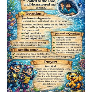 Pode incluir: Ilustra&ccedil;&atilde;o colorida com o texto "Jonah 2:2 Devotion". Retrata Jonas numa baleia, mergulhadores e um personagem semelhante a um c&atilde;o a rezar. A imagem inclui texto sobre ora&ccedil;&atilde;o, erros e a ajuda de Deus.
