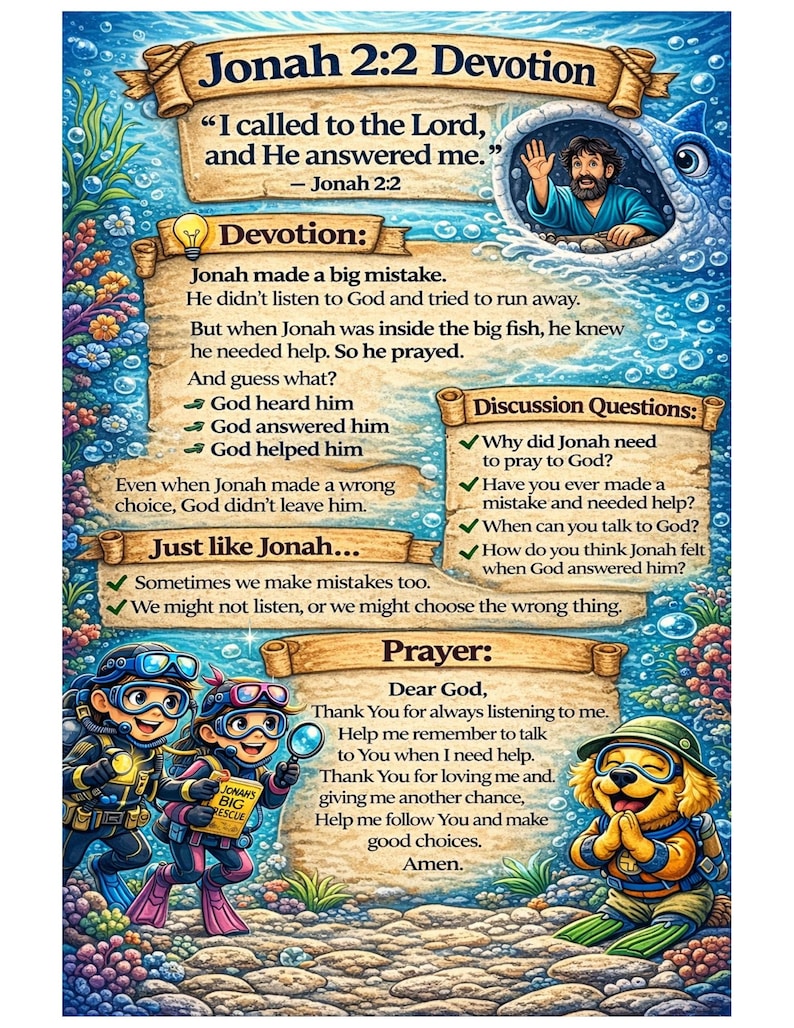 Pode incluir: Ilustra&ccedil;&atilde;o colorida com o texto "Jonah 2:2 Devotion". Retrata Jonas numa baleia, mergulhadores e um personagem semelhante a um c&atilde;o a rezar. A imagem inclui texto sobre ora&ccedil;&atilde;o, erros e a ajuda de Deus.
